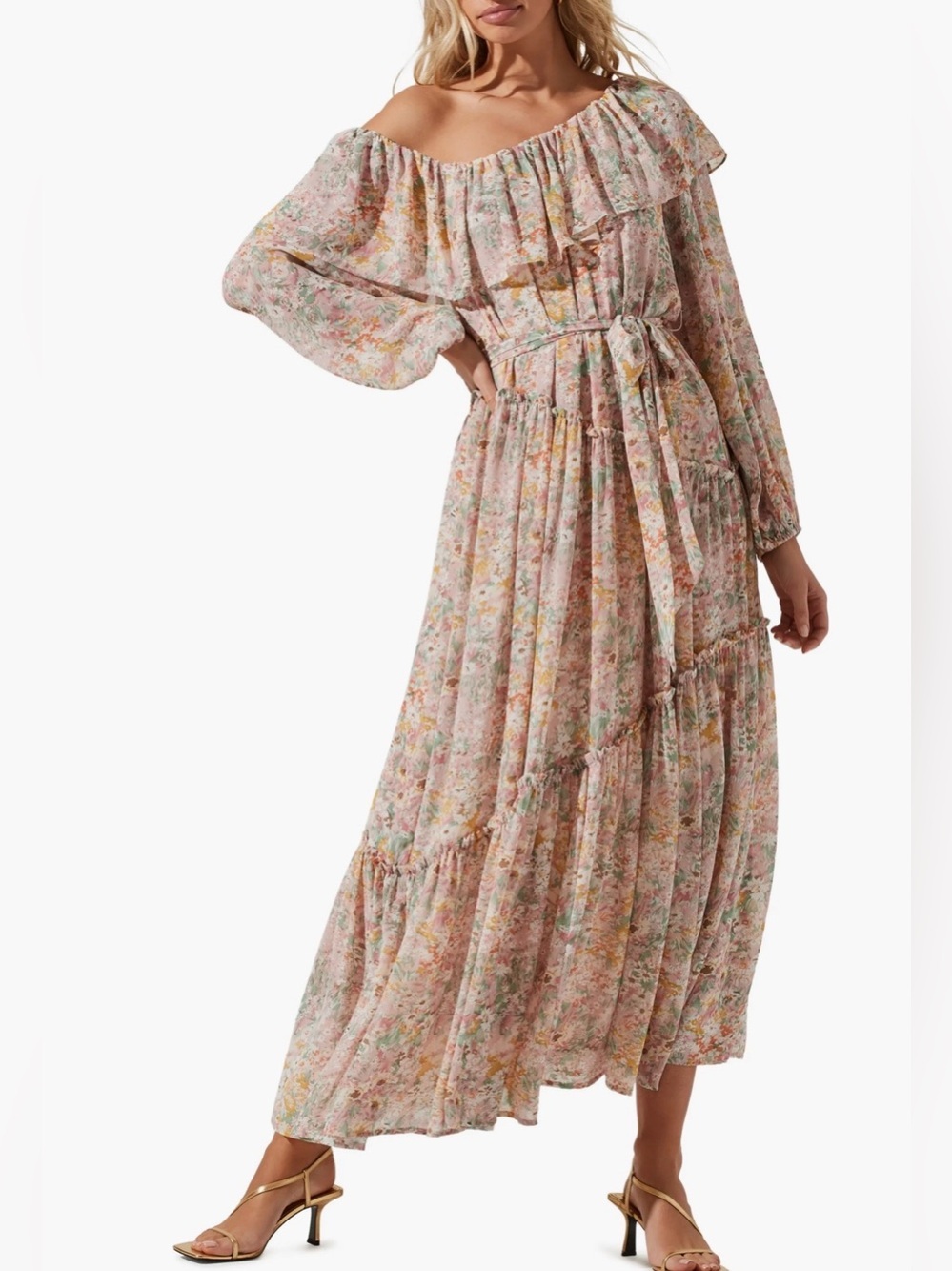 ASTR The Label Kaylani Ruffle Tie Waist Long Sleeve Maxi Dress Pink Floral S NWT